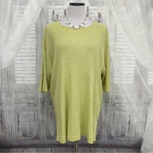 Eileen Fisher Crew Neck Tunic 100% Organic Linen Green Yellow Top Hi-Low Shirt
